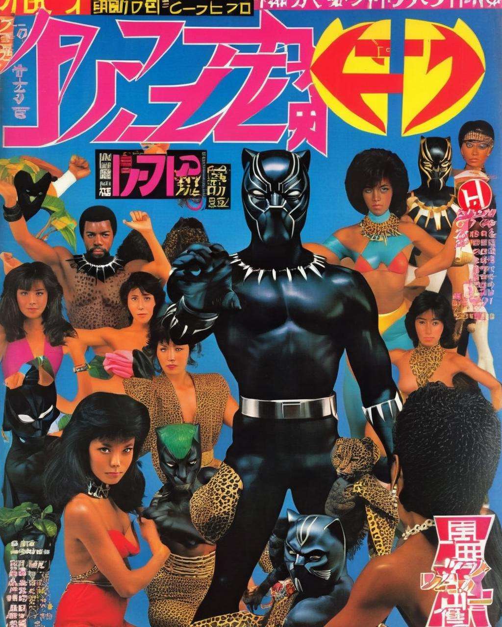 Retro_Magazine, japanese cover magazine from 80s, Black Panther (T'Challa)<lora:Retro_Magazine:1.0>