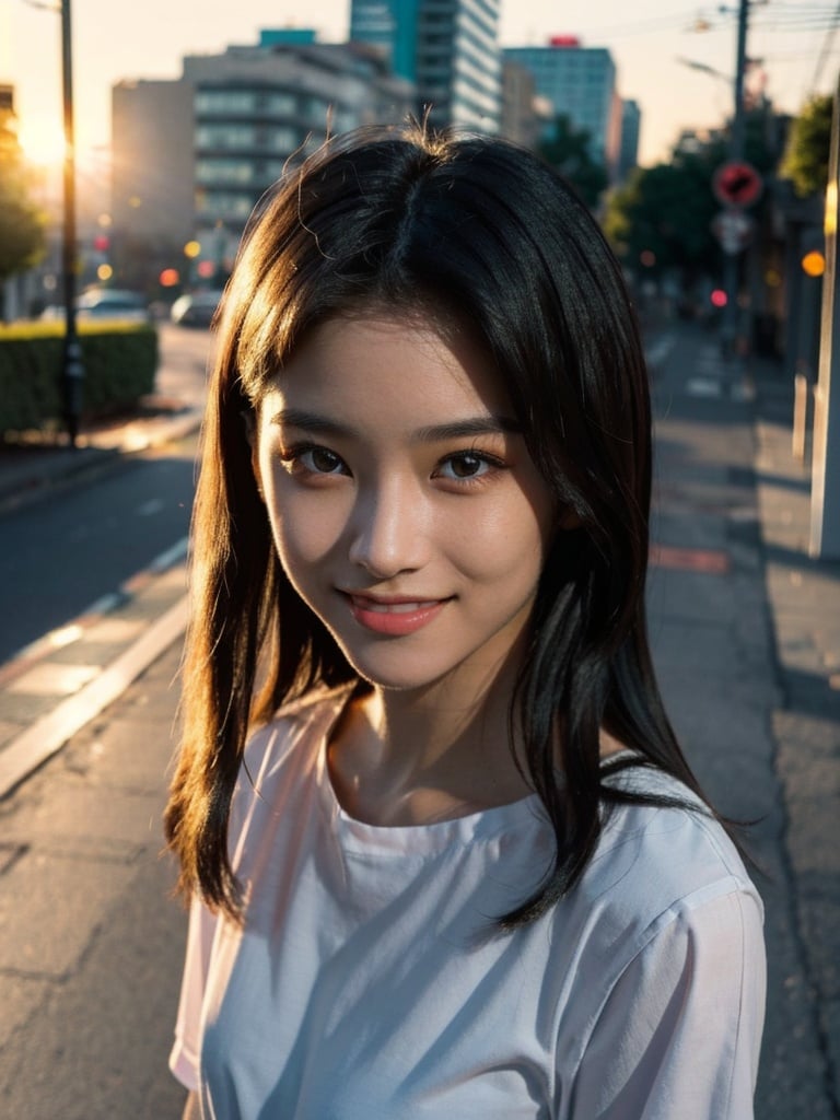 Candid photo of rimgramm, with captivating eyes, (age 13-17:1.7), smiling amidst a bustling city, upper body framing, in a street photography setting, (golden hour lighting:1.3), shot at eye level, on a Fujifilm X-T4 with a 50mm lens, in the style of Alfred Stieglitz,rimgramm