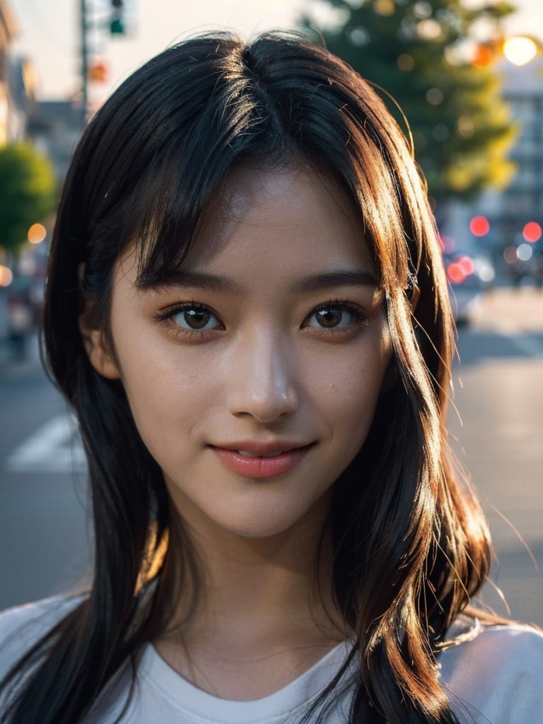 Candid photo of rimgramm, with captivating eyes, (age 15-19:1.7), smiling amidst a bustling city, upper body framing, in a street photography setting, (golden hour lighting:1.3), shot at eye level, on a Fujifilm X-T4 with a 50mm lens, in the style of Alfred Stieglitz,rimgramm