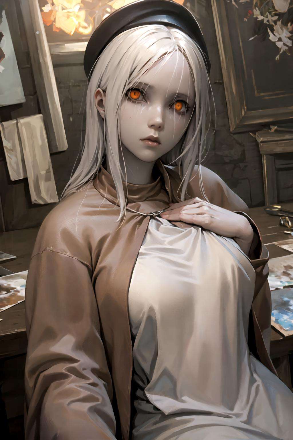 realism, detailed, girl, lying, hand on the chest, white hair, scales, orange eyes,  The_Painter, room, cinematic lighting, <lora:The_Painter:0.8>