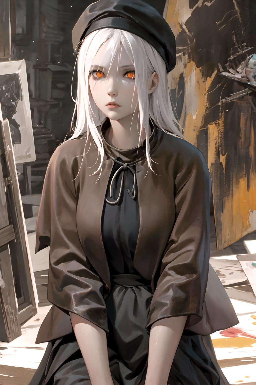 realism, detailed, girl, hat, white hair, arms behind back, scales, eyes contact, orange eyes, sitting,  The_Painter, <lora:The_Painter:0.8>