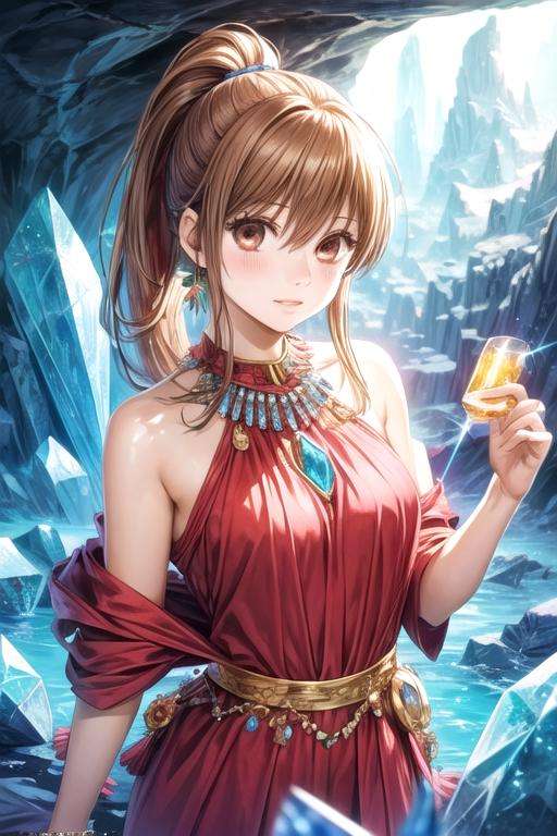 masterpiece, best quality, illustration, 1girl, solo, looking at viewer, upper body, , <lora:chihaya_ayase:0.70>, chihaya_ayase, brown hair, brown eyes, ponytail, luau costume, The Crystal Cave: A fantastical place where gemstones and crystals grow in abundance,