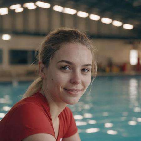 photograph close up portrait of female lifeguard smiling sitting on indoor pool side, serious, stoic cinematic 4k epic detailed 4k epic detailed photograph shot on kodak detailed bokeh cinematic hbo dark moody