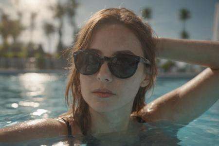 photograph close up portrait of a woman with sunglasses bathes in swimming pool, cinematic 4k epic detailed 4k epic detailed photograph shot on kodak detailed bokeh cinematic hbo dark moody