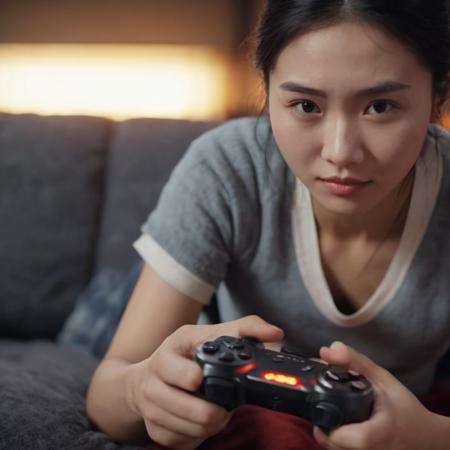 photograph close up portrait of Young Chinese woman playing video game on sofa,happy,excited, cinematic 4k epic detailed 4k epic detailed photograph shot on kodak detailed bokeh cinematic hbo dark moody