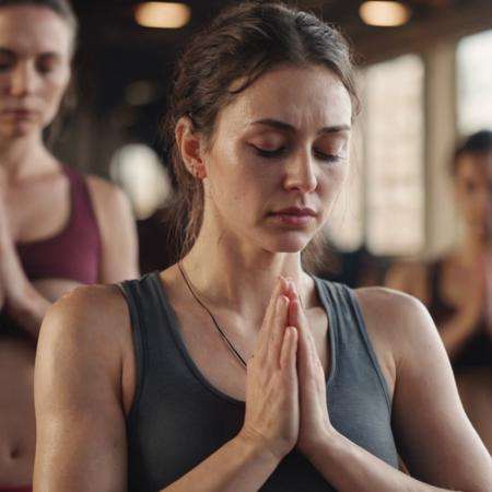 photograph close up portrait of A woman with her eyes closed and hands together in prayer, sweating during a hot yoga class, cinematic 4k epic detailed 4k epic detailed photograph shot on kodak detailed bokeh cinematic hbo dark moody