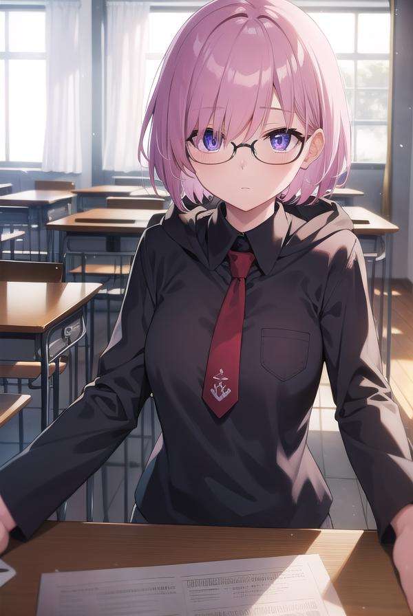 mashkyrielight, <lora:mashkyrielight-lora-nochekaiser:1>, mash kyrielight, glasses, hair between eyes, hair over one eye, (purple eyes:1.1), pink hair, short hair,BREAK hood, shirt, collared shirt, white collar, black shirt, necktie, red necktie, BREAK looking at viewer,BREAK indoors, classroom,BREAK <lyco:GoodHands-beta2:1>, (masterpiece:1.2), best quality, high resolution, unity 8k wallpaper, (illustration:0.8), (beautiful detailed eyes:1.6), extremely detailed face, perfect lighting, extremely detailed CG, (perfect hands, perfect anatomy),