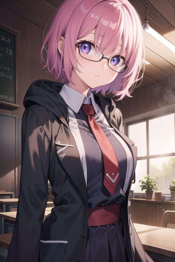 mashkyrielight, <lora:mashkyrielight-lora-nochekaiser:1>, mash kyrielight, glasses, hair between eyes, hair over one eye, (purple eyes:1.1), pink hair, short hair,BREAK hood, shirt, collared shirt, white collar, black shirt, necktie, red necktie, BREAK looking at viewer,BREAK indoors, classroom,BREAK <lyco:GoodHands-beta2:1>, (masterpiece:1.2), best quality, high resolution, unity 8k wallpaper, (illustration:0.8), (beautiful detailed eyes:1.6), extremely detailed face, perfect lighting, extremely detailed CG, (perfect hands, perfect anatomy),