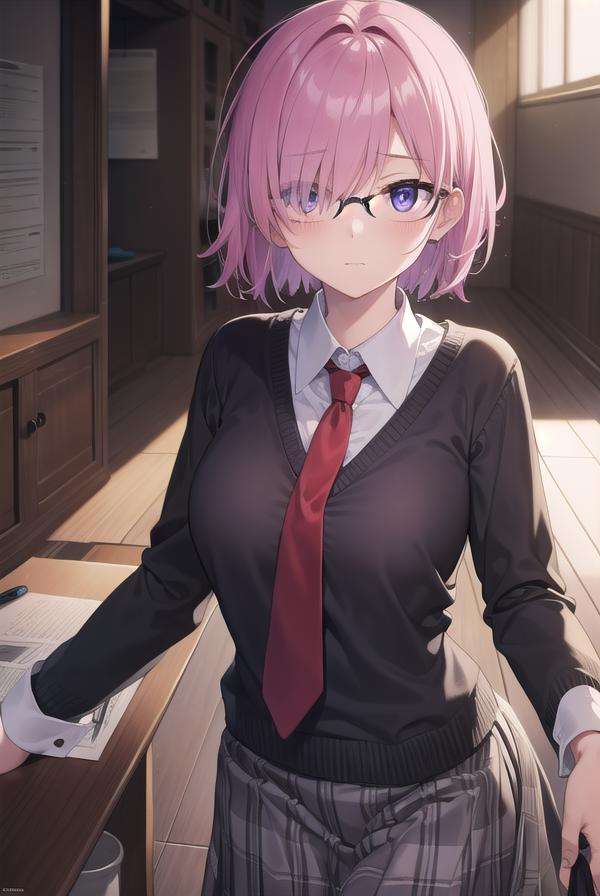 mashkyrielight, <lora:mashkyrielight-lora-nochekaiser:1>, mash kyrielight, glasses, hair between eyes, hair over one eye, (purple eyes:1.1), pink hair, short hair,BREAK hood, shirt, collared shirt, white collar, black shirt, necktie, red necktie, BREAK looking at viewer,BREAK indoors, classroom,BREAK <lyco:GoodHands-beta2:1>, (masterpiece:1.2), best quality, high resolution, unity 8k wallpaper, (illustration:0.8), (beautiful detailed eyes:1.6), extremely detailed face, perfect lighting, extremely detailed CG, (perfect hands, perfect anatomy),