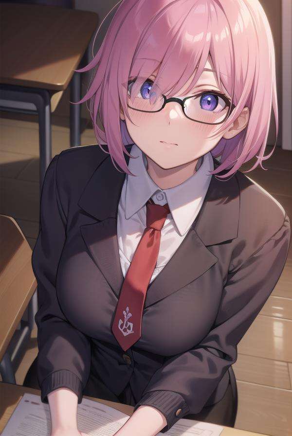 mashkyrielight, <lora:mashkyrielight-lora-nochekaiser:1>, mash kyrielight, glasses, hair between eyes, hair over one eye, (purple eyes:1.1), pink hair, short hair,BREAK hood, shirt, collared shirt, white collar, black shirt, necktie, red necktie, BREAK looking at viewer,BREAK indoors, classroom,BREAK <lyco:GoodHands-beta2:1>, (masterpiece:1.2), best quality, high resolution, unity 8k wallpaper, (illustration:0.8), (beautiful detailed eyes:1.6), extremely detailed face, perfect lighting, extremely detailed CG, (perfect hands, perfect anatomy),