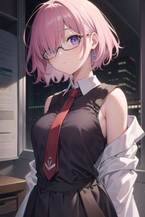 mashkyrielight, <lora:mashkyrielight-lora-nochekaiser:1>, mash kyrielight, glasses, hair between eyes, hair over one eye, (purple eyes:1.1), pink hair, short hair,BREAK hood, shirt, collared shirt, white collar, black shirt, necktie, red necktie, sleeveless, off shoulder,BREAK looking at viewer,BREAK indoors, classroom,BREAK <lyco:GoodHands-beta2:1>, (masterpiece:1.2), best quality, high resolution, unity 8k wallpaper, (illustration:0.8), (beautiful detailed eyes:1.6), extremely detailed face, perfect lighting, extremely detailed CG, (perfect hands, perfect anatomy),