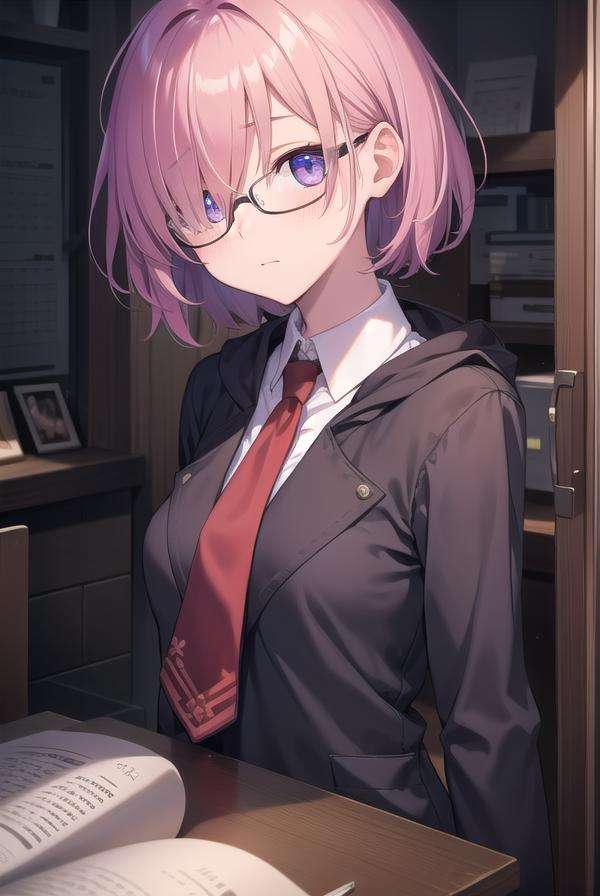 mashkyrielight, <lora:mashkyrielight-lora-nochekaiser:1>, mash kyrielight, glasses, hair between eyes, hair over one eye, (purple eyes:1.1), pink hair, short hair,BREAK hood, shirt, collared shirt, white collar, black shirt, necktie, red necktie, BREAK looking at viewer,BREAK indoors, classroom,BREAK <lyco:GoodHands-beta2:1>, (masterpiece:1.2), best quality, high resolution, unity 8k wallpaper, (illustration:0.8), (beautiful detailed eyes:1.6), extremely detailed face, perfect lighting, extremely detailed CG, (perfect hands, perfect anatomy),