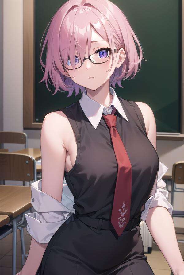 mashkyrielight, <lora:mashkyrielight-lora-nochekaiser:1>, mash kyrielight, glasses, hair between eyes, hair over one eye, (purple eyes:1.1), pink hair, short hair,BREAK hood, shirt, collared shirt, white collar, black shirt, necktie, red necktie, sleeveless, off shoulder,BREAK looking at viewer,BREAK indoors, classroom,BREAK <lyco:GoodHands-beta2:1>, (masterpiece:1.2), best quality, high resolution, unity 8k wallpaper, (illustration:0.8), (beautiful detailed eyes:1.6), extremely detailed face, perfect lighting, extremely detailed CG, (perfect hands, perfect anatomy),