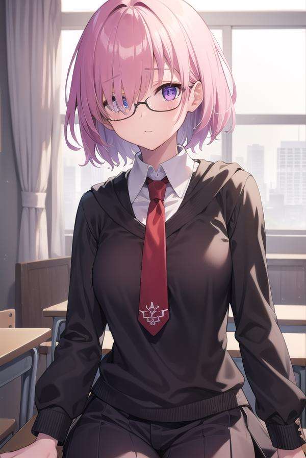 mashkyrielight, <lora:mashkyrielight-lora-nochekaiser:1>, mash kyrielight, glasses, hair between eyes, hair over one eye, (purple eyes:1.1), pink hair, short hair,BREAK hood, shirt, collared shirt, white collar, black shirt, necktie, red necktie, BREAK looking at viewer,BREAK indoors, classroom,BREAK <lyco:GoodHands-beta2:1>, (masterpiece:1.2), best quality, high resolution, unity 8k wallpaper, (illustration:0.8), (beautiful detailed eyes:1.6), extremely detailed face, perfect lighting, extremely detailed CG, (perfect hands, perfect anatomy),