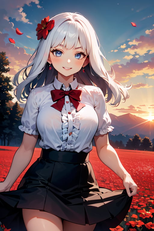 face focus, cute, masterpiece, best quality, 1girl, flower, solo, blue eyes, outdoors, skirt, smile, hair ornament, looking at viewer, jewelry, earrings, short sleeves, shirt, petals, skirt hold, bangs, frills, hair flower, blush, white shirt, sky, white hair, tree, cowboy shot, bow, sunset, black skirt, black bow, parted lips, standing, field, bowtie, breasts, pink flower, cloud, red flower, grass, flower earrings, long hair, center frills, frilled shirt, collared shirt, medium hair, black bowtie, floating hair