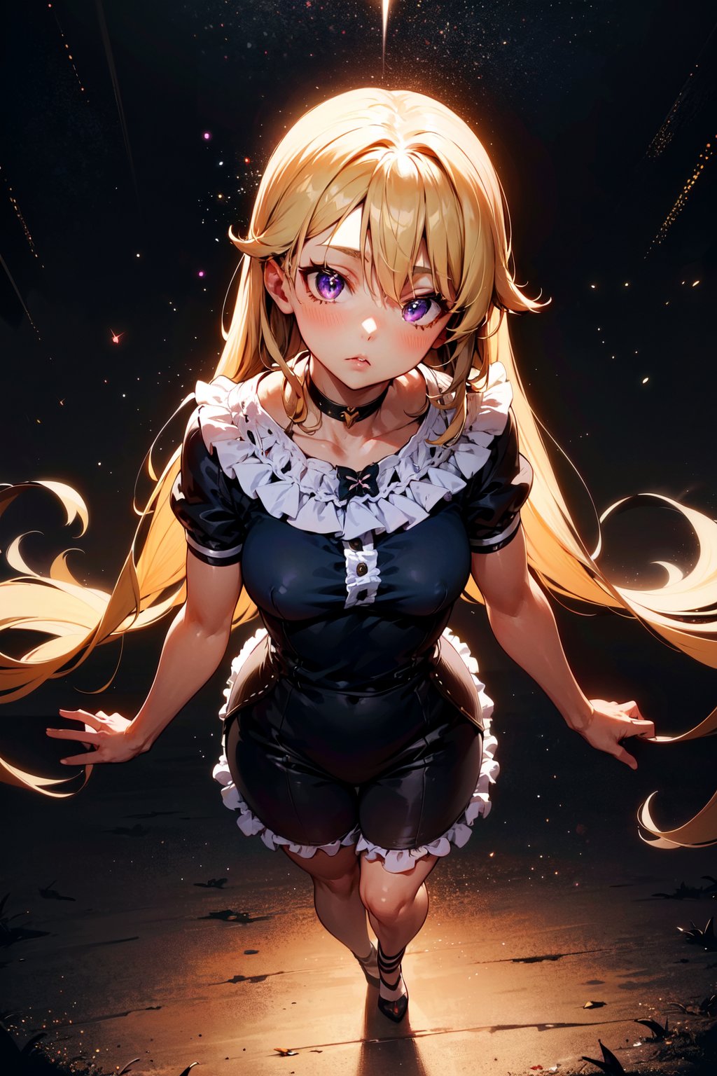 face focus, cute, masterpiece, best quality, 1girl, black background, light particle, solo, standing, pixiv, depth of field, cinematic compotision, best lighting, looking up, moe2016