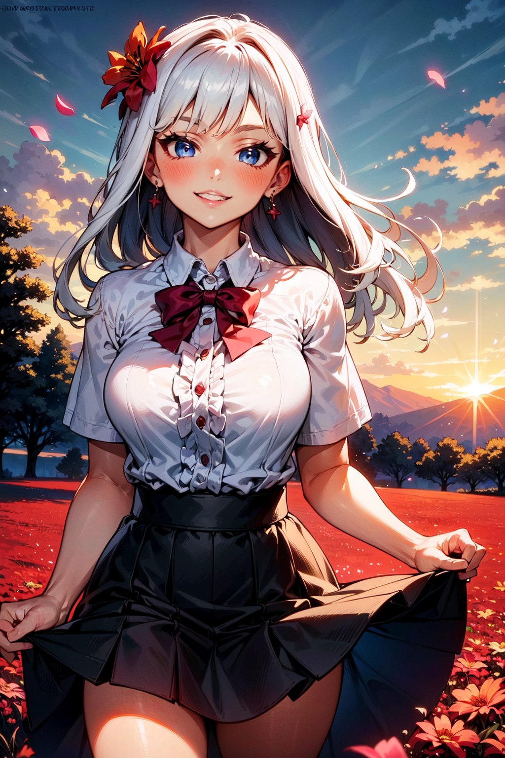 face focus, cute, masterpiece, best quality, 1girl, flower, solo, blue eyes, outdoors, skirt, smile, hair ornament, looking at viewer, jewelry, earrings, short sleeves, shirt, petals, skirt hold, bangs, frills, hair flower, blush, white shirt, sky, white hair, tree, cowboy shot, bow, sunset, black skirt, black bow, parted lips, standing, field, bowtie, breasts, pink flower, cloud, red flower, grass, flower earrings, long hair, center frills, frilled shirt, collared shirt, medium hair, black bowtie, floating hair