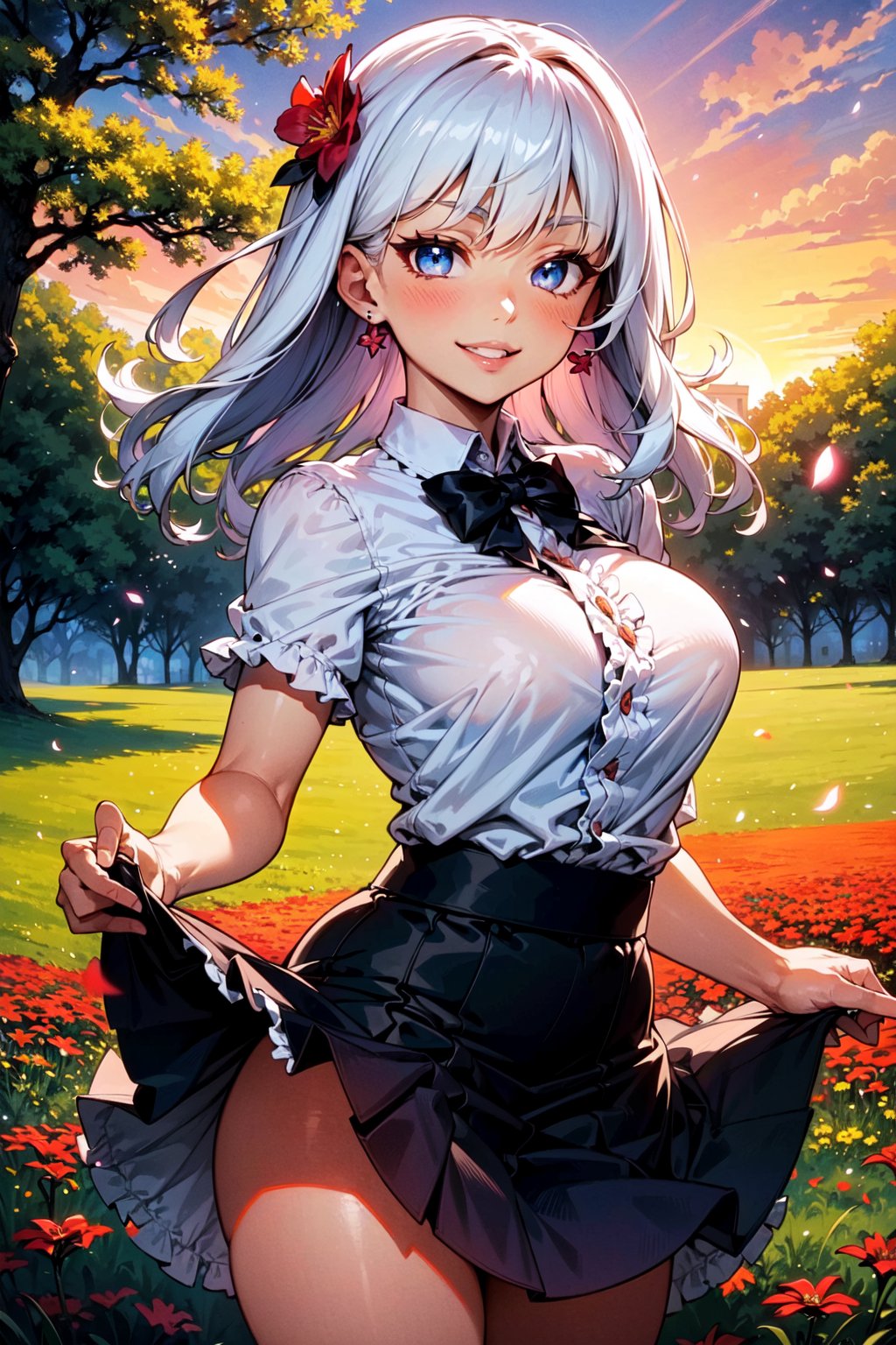 face focus, cute, masterpiece, best quality, 1girl, flower, solo, blue eyes, outdoors, skirt, smile, hair ornament, looking at viewer, jewelry, earrings, short sleeves, shirt, petals, skirt hold, bangs, frills, hair flower, blush, white shirt, sky, white hair, tree, cowboy shot, bow, sunset, black skirt, black bow, parted lips, standing, field, bowtie, breasts, pink flower, cloud, red flower, grass, flower earrings, long hair, center frills, frilled shirt, collared shirt, medium hair, black bowtie, floating hair