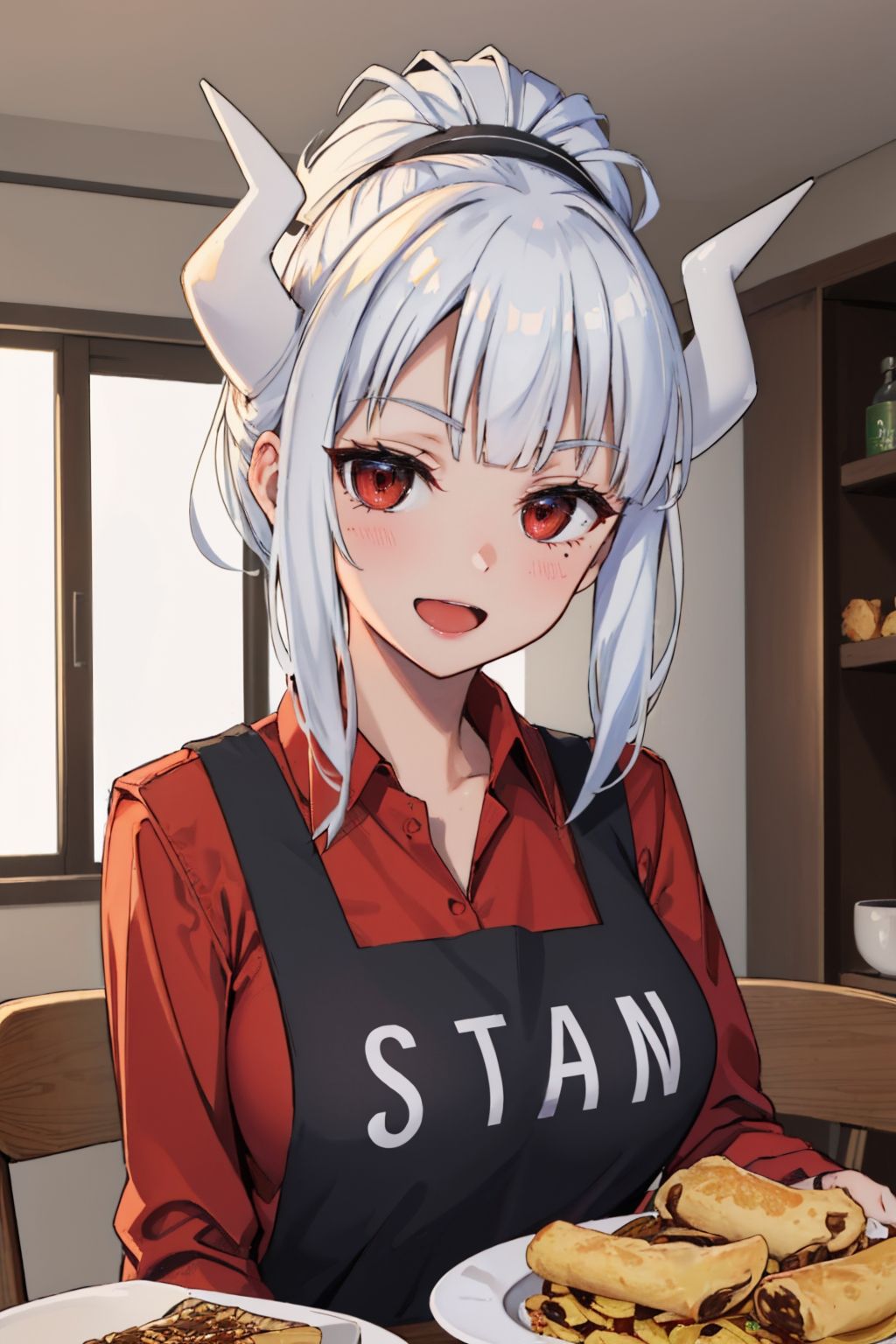 (masterpiece, best quality:1.2), upper body, luciferapron, smile, open mouth, looking at viewer, plate, food, red shirt, black apron, indoors, table <lora:helltaker_lucifer-17:1>