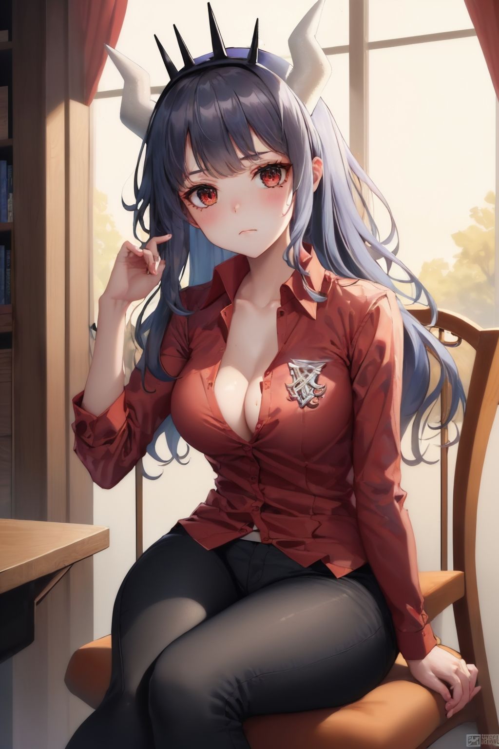 (masterpiece, best quality:1.2), luciferdef, expressionless, closed mouth, looking at viewer, sitting, chair, red shirt, collared shirt, partially unbuttoned, black pants, collarbone, cleavage <lora:helltaker_lucifer-17:1>