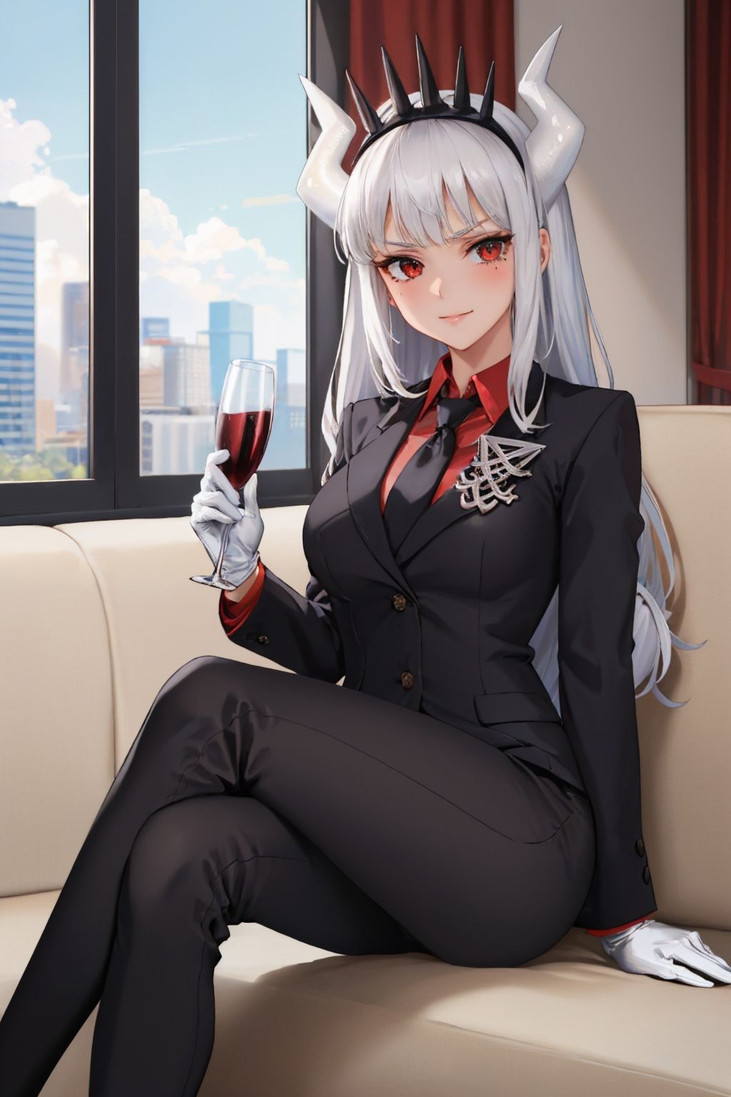 (masterpiece, best quality:1.2), solo, 1girl, luciferdef, smug, looking at viewer, holding wine glass, sitting, crossed legs, formal, suit, black jacket, red shirt, black necktie, white gloves, black pants <lora:helltaker_lucifer-17:1>