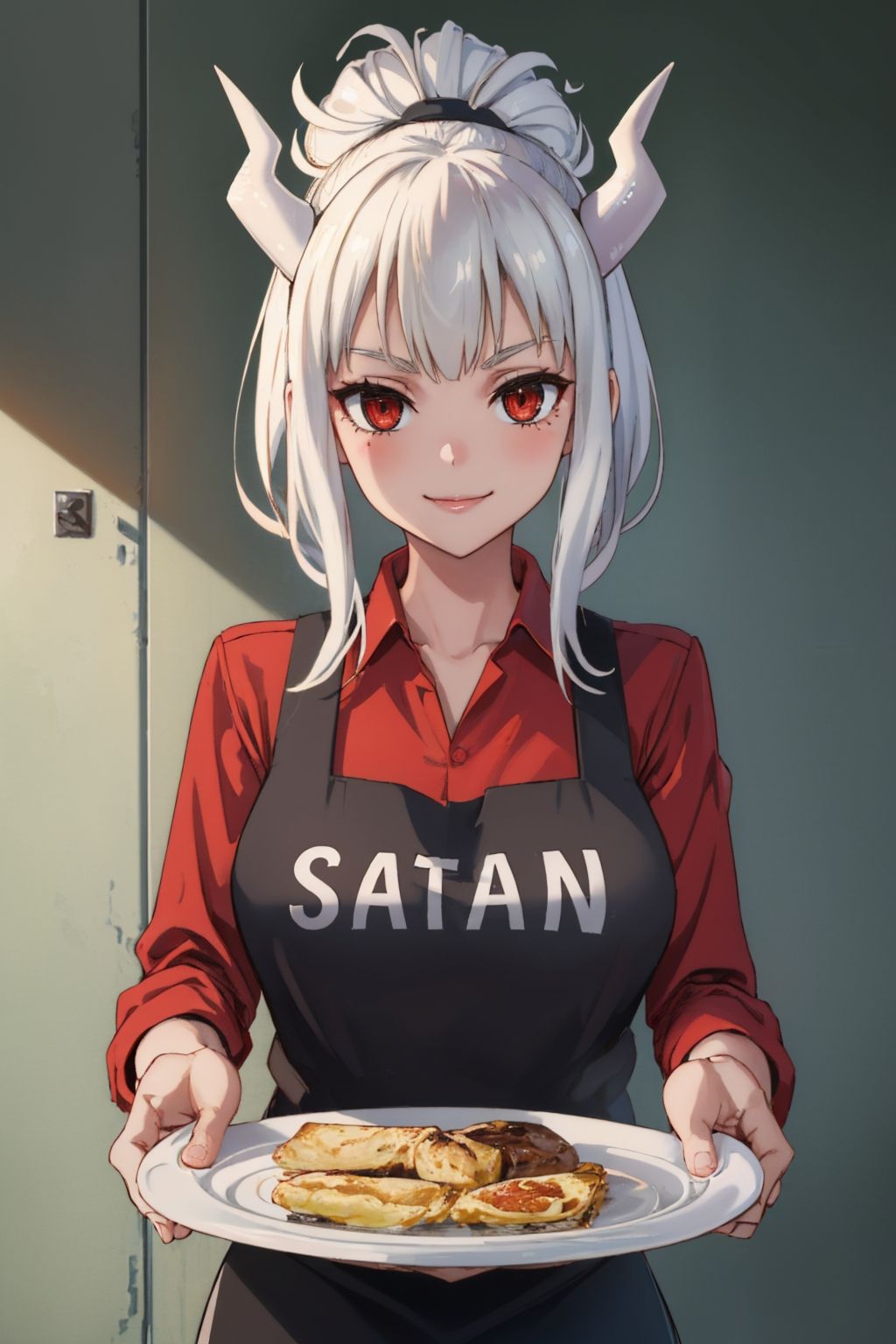 (masterpiece, best quality:1.2), solo, 1girl, luciferapron, smile, looking at viewer, holding plate, red shirt, black apron <lora:helltaker_lucifer-17:1>