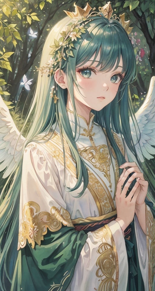 anime,(masterpiece, top quality, best quality, official art, beautiful and aesthetic:1.2),(1girl),upper body,extreme detailed,(fractal art:1.3),colorful,flowers,highest detailed,portrait, looking at viewer, solo, upper body, detailed background, close up, shining (<lyco:DecorationBundlev2:0.6>, SilverSapphireAI theme:1.1), divine angel of nature, forest, (style-sylvamagic:1.0), leaf crown,  green background, abundant greenery,  peaceful nature, lush plantlife, small creek, leaf themed clothes, dark green robe, majestic divine atmosphere, bright light, holy aura, bloom,  divine light, white clothes, golden embroidery,filigree, blessing,  ,