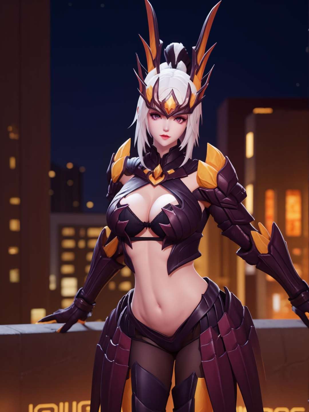 WZRYhuamulanSJLLZ, 1girl, solo, navel, breasts,  armor, cleavage, white hair, clothing cutout,midriff, red eyes, looking at viewer,high ponytail, forehead protector,  <lora:WZRYhuamulanSJLLZ:0.7>,cityscape, night, mature female, 