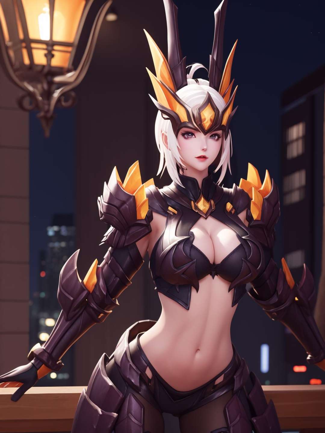 WZRYhuamulanSJLLZ, 1girl, solo, navel, breasts,  armor, cleavage, white hair, clothing cutout,midriff, red eyes, looking at viewer,high ponytail, forehead protector,  <lora:WZRYhuamulanSJLLZ:0.7>,cityscape, night, mature female, 