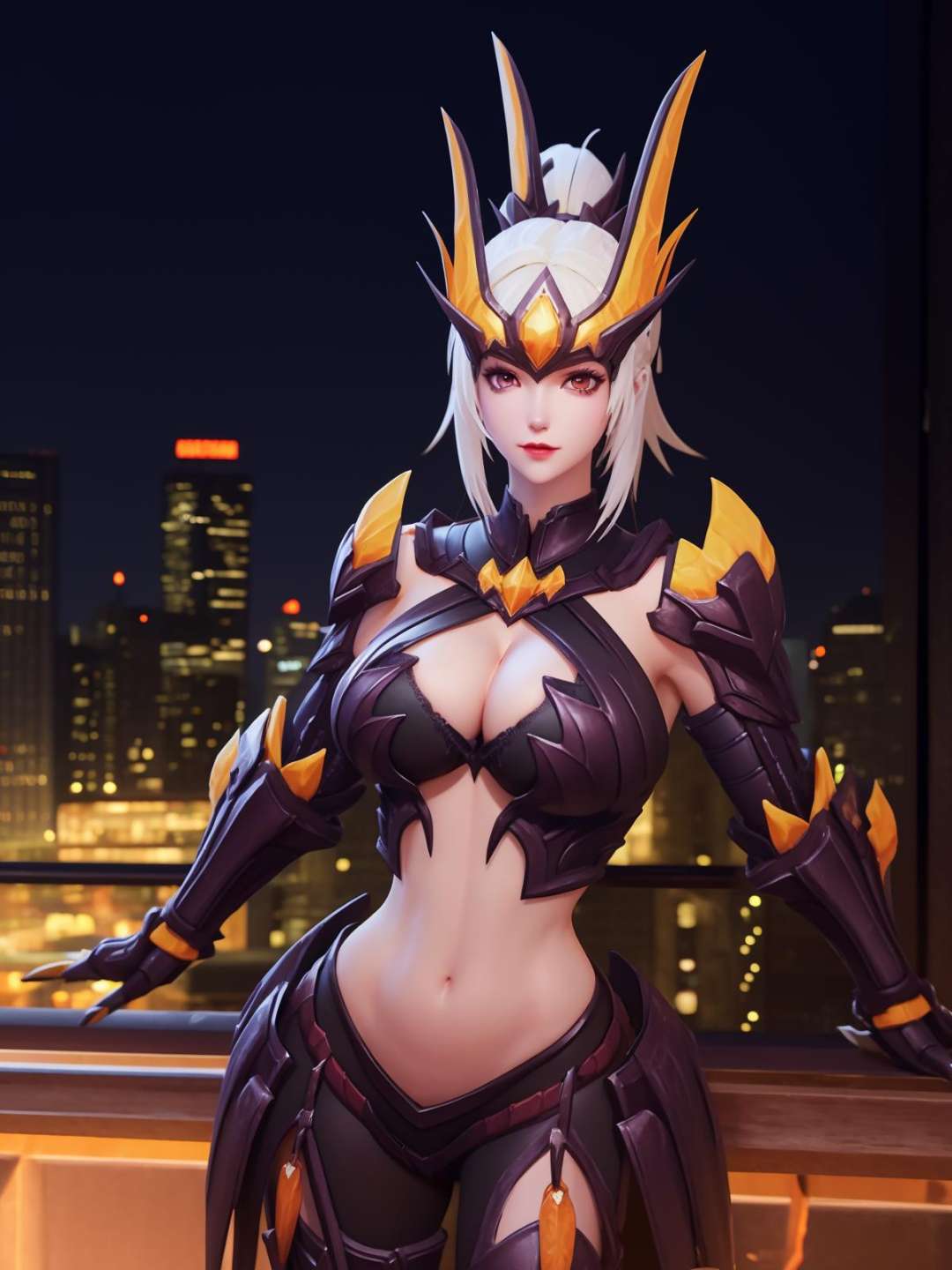 WZRYhuamulanSJLLZ, 1girl, solo, navel, breasts,  armor, cleavage, white hair, clothing cutout,midriff, red eyes, looking at viewer,high ponytail, forehead protector,  <lora:WZRYhuamulanSJLLZ:0.7>,cityscape, night, mature female, 