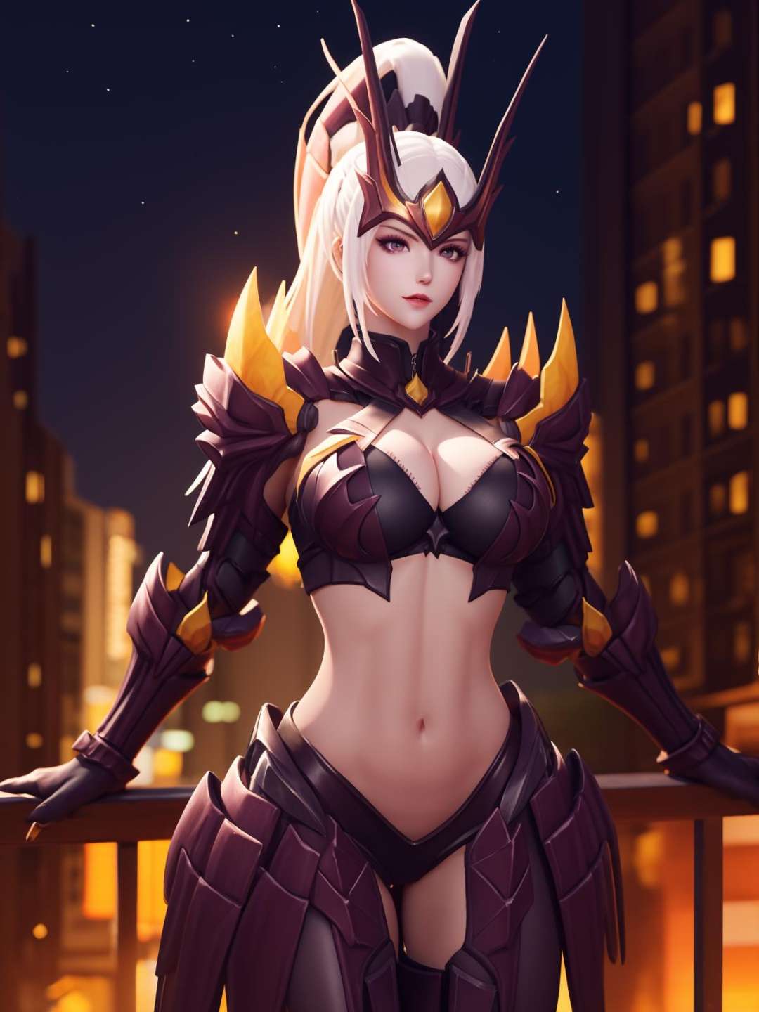 WZRYhuamulanSJLLZ, 1girl, solo, navel, breasts,  armor, cleavage, white hair, clothing cutout,midriff, red eyes, looking at viewer,high ponytail, forehead protector,  <lora:WZRYhuamulanSJLLZ:0.7>,cityscape, night, mature female, 