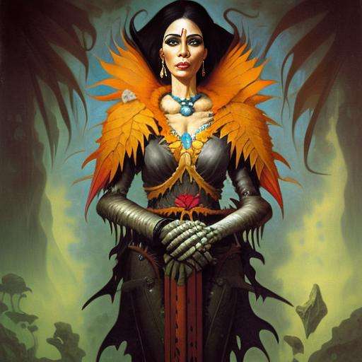 a portrait of a female sorceress with a macaw wings on her back, detailed jungle background, mesoamerican setting, art by newhorrorfantasy_style