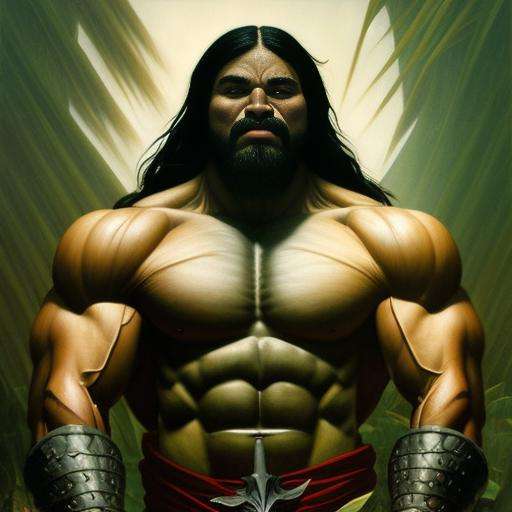 a portrait of a (huge muscled man: 1.3) holding a big sword, shirtless, very long black hair, focus on face, hyper realistic, detailed jungle background, mesoamerican setting, art by newhorrorfantasy_style