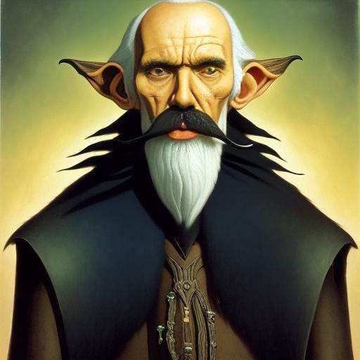 A tall old man wearing an all-black clothes, thin, (long white mustache: 1.3), no beard, (pointed ears: 1.2), evil eyes, sharp teeth, art by newhorrorfantasy_style