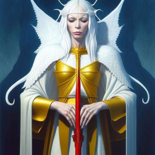 a portrait of a female heavenly angel wearing a long white cloak, anatomy, bathed in light, (holding a big sword: 1.3), big angel wings, highly detailed, (pretty face: 1.3), smoth, sharp focus, illustration, art by newhorrorfantasy_style