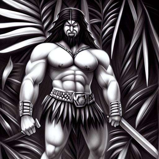 a (huge muscled man: 1.3) holding a big sword, shirtless, very long black hair, focus on face, hyper realistic, detailed jungle background, mesoamerican setting, art by trInkdBer