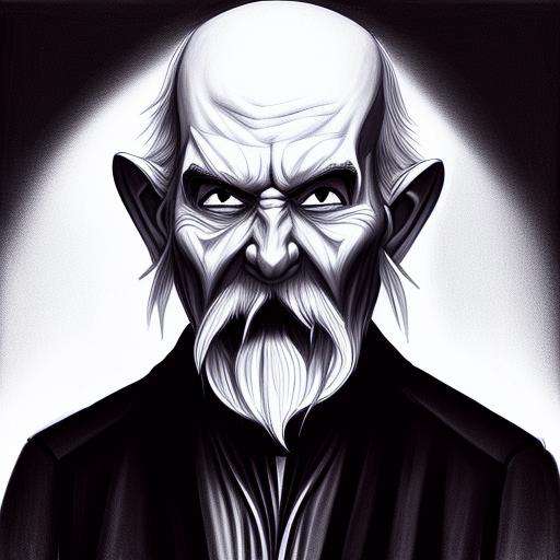 A tall old man wearing an all-black clothes, thin, (long white mustache: 1.3), no beard, (pointed ears: 1.2), evil eyes, sharp teeth, art by trInkdBer