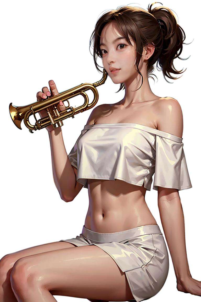 1girl, playing trumpet, trumpet, masterpiece, best quality, 8k,  white off-shoulder oversized crop top, sitting,  <lora:trumpet_v1:0.64>