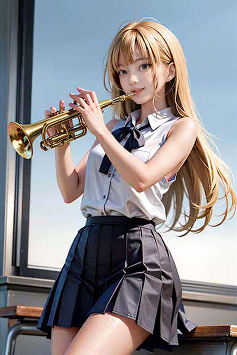 1girl, playing trumpet, trumpet, masterpiece, best quality, 8k, outdoor, school uniform, sleeveless, golden hair, in the classroom