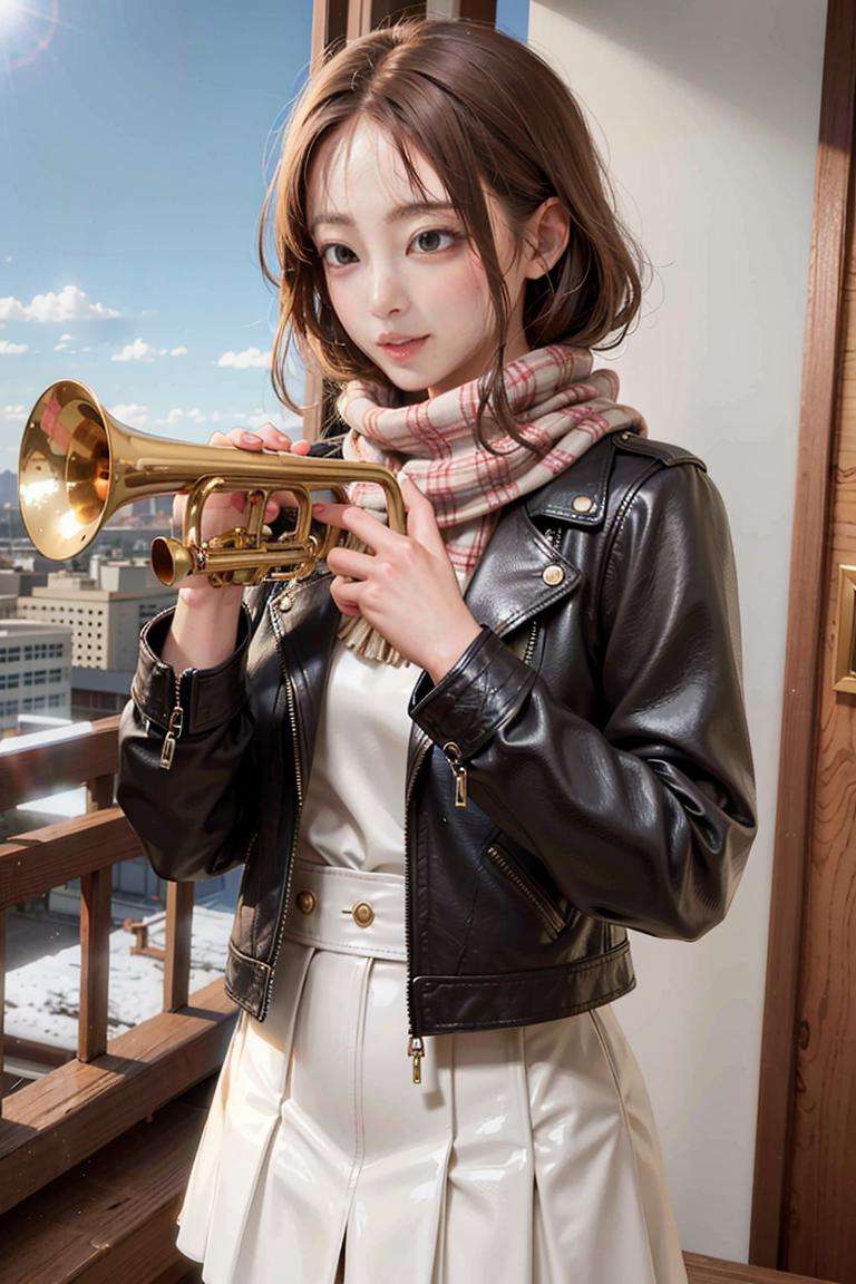 1girl, playing trumpet, trumpet, masterpiece, best quality, 8k, leather jacket, winter, scarf, Bob Cut