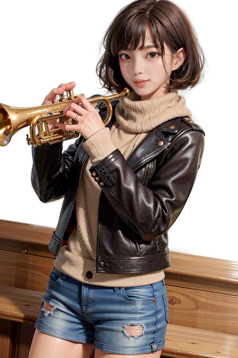 1girl, playing trumpet, trumpet, masterpiece, best quality, 8k, leather jacket, winter, scarf, Bob Cut