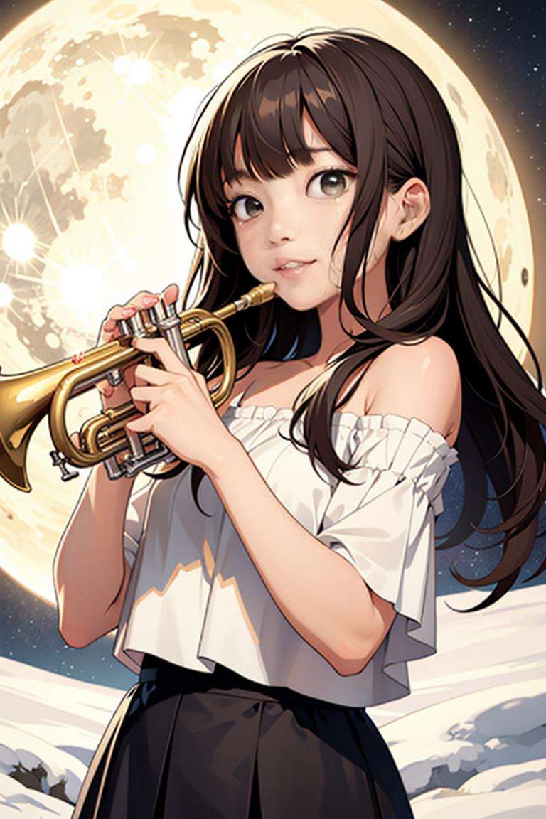 1girl, playing trumpet, trumpet, masterpiece, best quality, 8k,  white off-shoulder top, snow, moon night, long hair,  <lora:trumpet_v1:0.65>