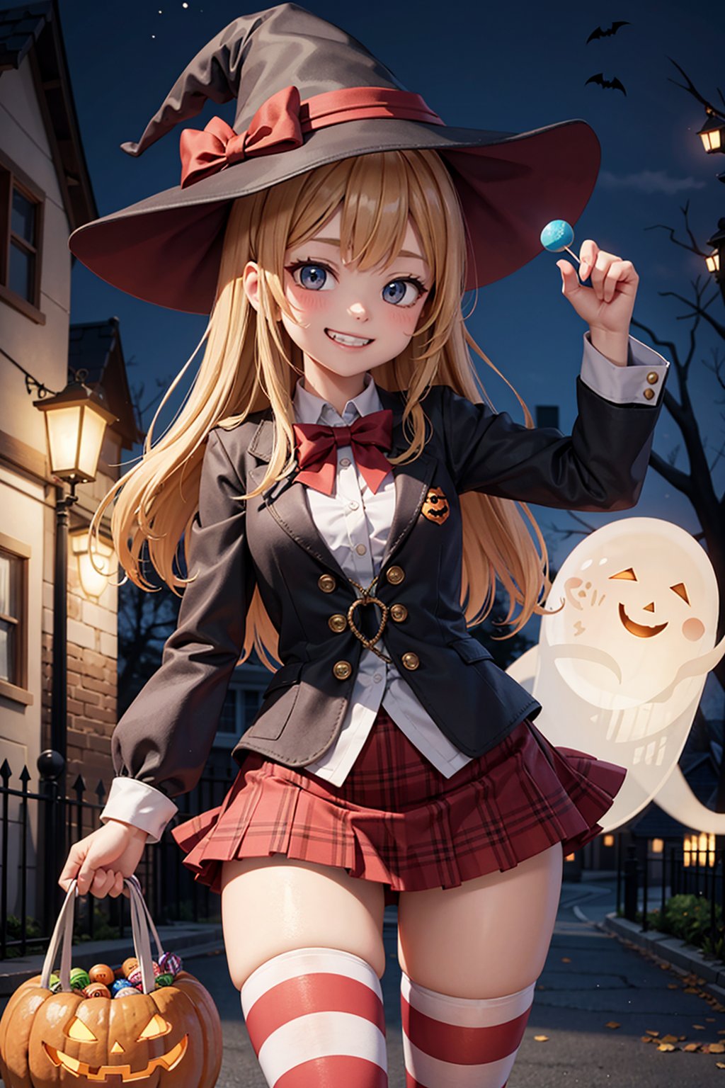 (masterpiece), halloween, night, scenery, 1girl, halloween striped thighhighs, witch hat, grin, (ghost), candy, cookie, string of flags,