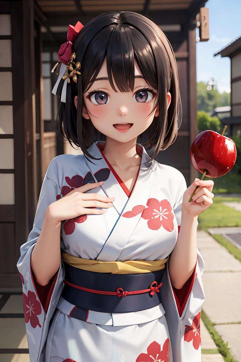 (masterpiece), best quality, high resolution, highly detailed, detailed background, perfect lighting, 1girl, medium breasts, yukata, japanese clothes, floral print, hair ornament, looking at viewer, smile, open mouth, candy apple