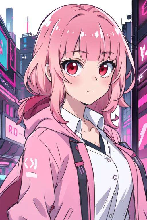 masterpiece, best quality, , 1girl, solo, looking at viewer, upper body, , <lora:kotoko_sumiso:0.66>, kotoko_sumiso, pink hair, red eyes, , , cyberpunk,