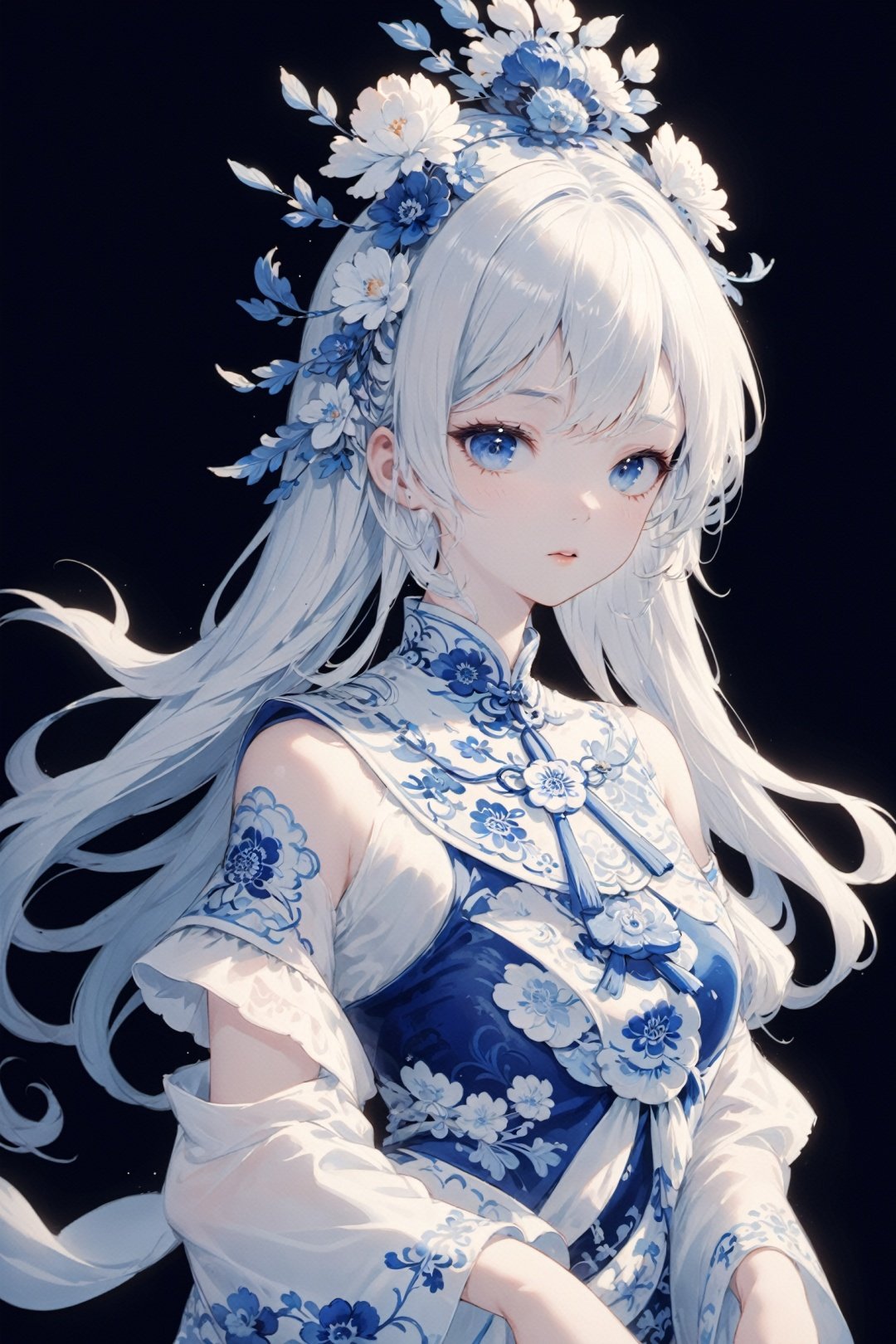 upper body, Floral headdress, blue and white porcelain theme,
A girl wears a Chinese-style dress made of blue and white porcelain.
