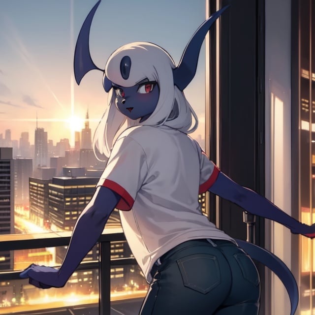  detalied, high_quality, city, solo, cowboy_shot, absol, t-shirt