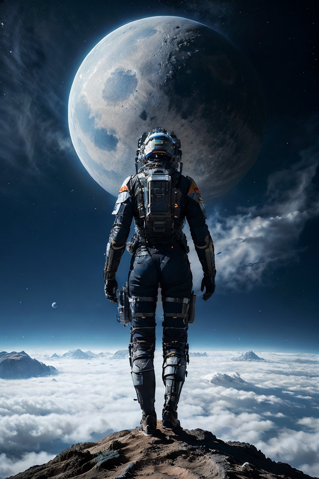 masterpiece,best quality,depth of field,full body,1girl,solo,(very wide shot:1.6),(from behind:1.2),spacesuit,cargo pants\n,satellite,reflection,futuristic sci-fi style, fantasy style, from below, (fisheye),\n\n(1girl) was wearing a spacesuit, standing on the (moon), feeling the low gravity and (silence). In front of her was a (gray-white soil) and (craters). She turned around and saw the distant planet, that blue-green (planet), sparkling with clouds and light,Inception,Fire,science fiction,bird 's-eye view,building