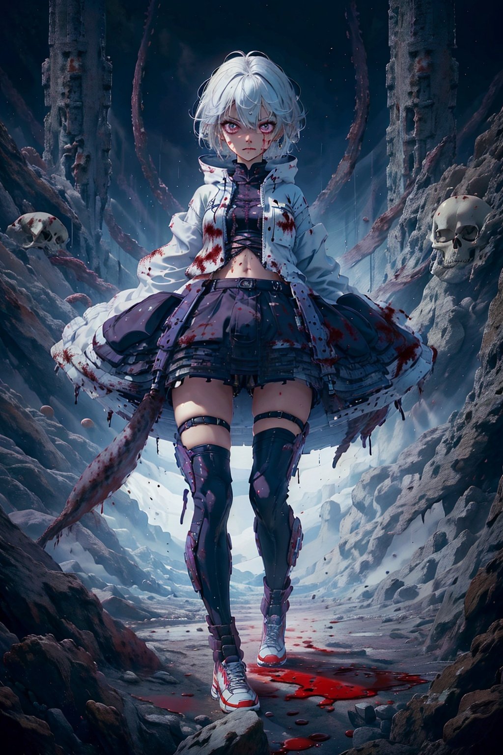 masterpiece,best_quality,concept_art,1girl,solo,loli,Necromancer,white_hair,long_jacket,purple_eyes,purple_liquid,wand,partly_bangs,hair_between_eyes,sneakers,black_legwear,((tentacles,skull,nightmare,flouting_eyeballs,blood)),32k,高清