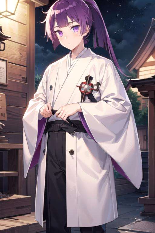 masterpiece, best quality, game cg, 1boy, solo, male focus, looking at viewer, , depth of field, <lora:kimikage_mogami:0.72>, kimikage_mogami, purple hair, purple eyes, long hair, , , The Shrine of the Lost,